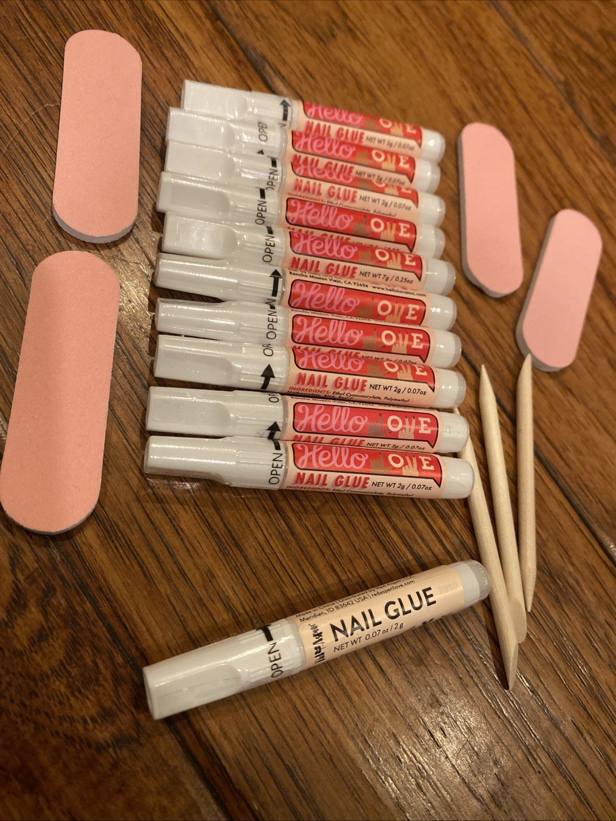 10 HELLO LOVE Press On Nail Glue 11 NEW 2g Tubes & 1 RED ASPEN, Emery Cuticle