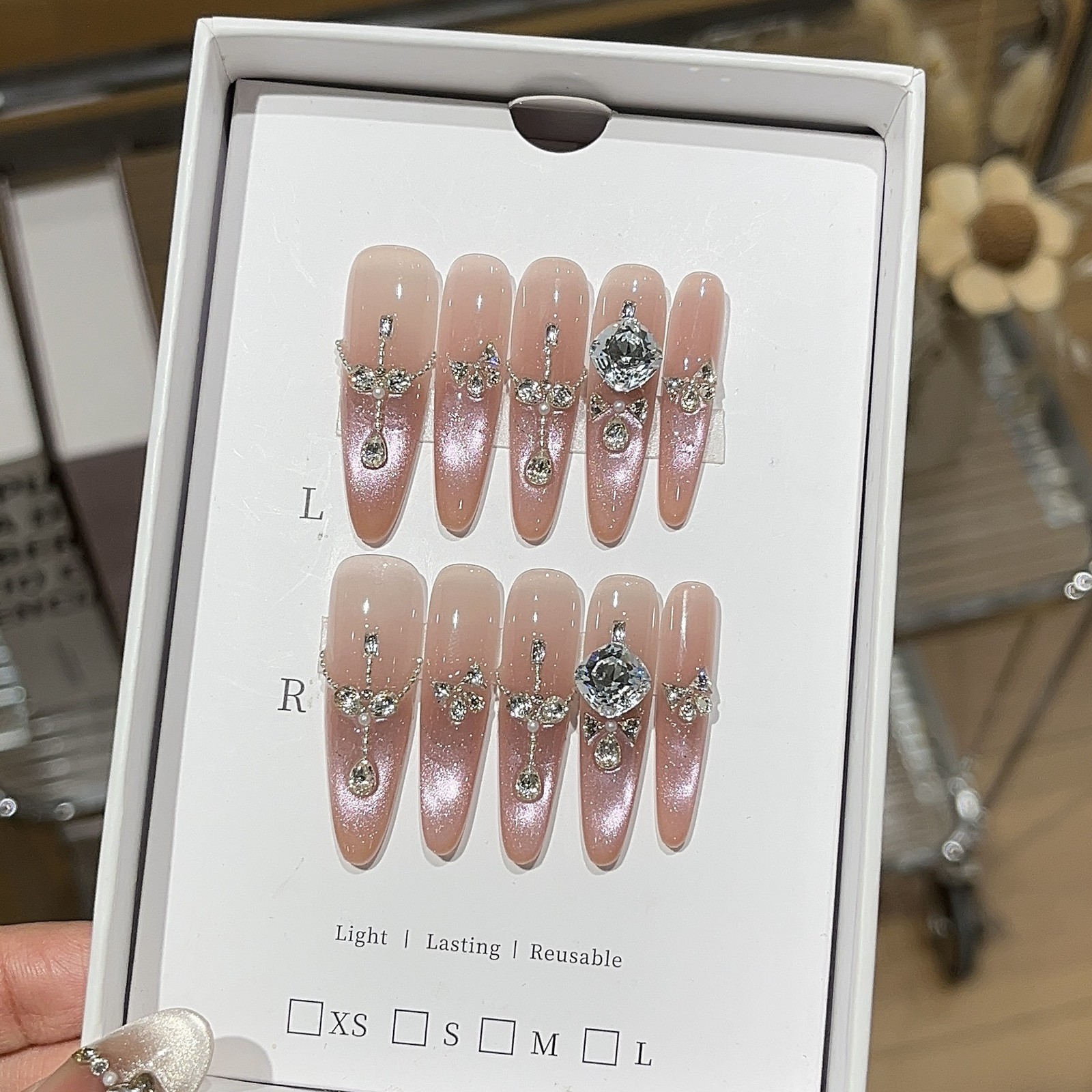 10Pcs Handmade Pink Cat Eye Long Pointed Nails French Pearl Rhinestone Design