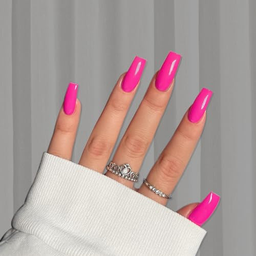 Long Medium Press On Nails Coffin Nails Press Ons Gloss, glossy hot pink