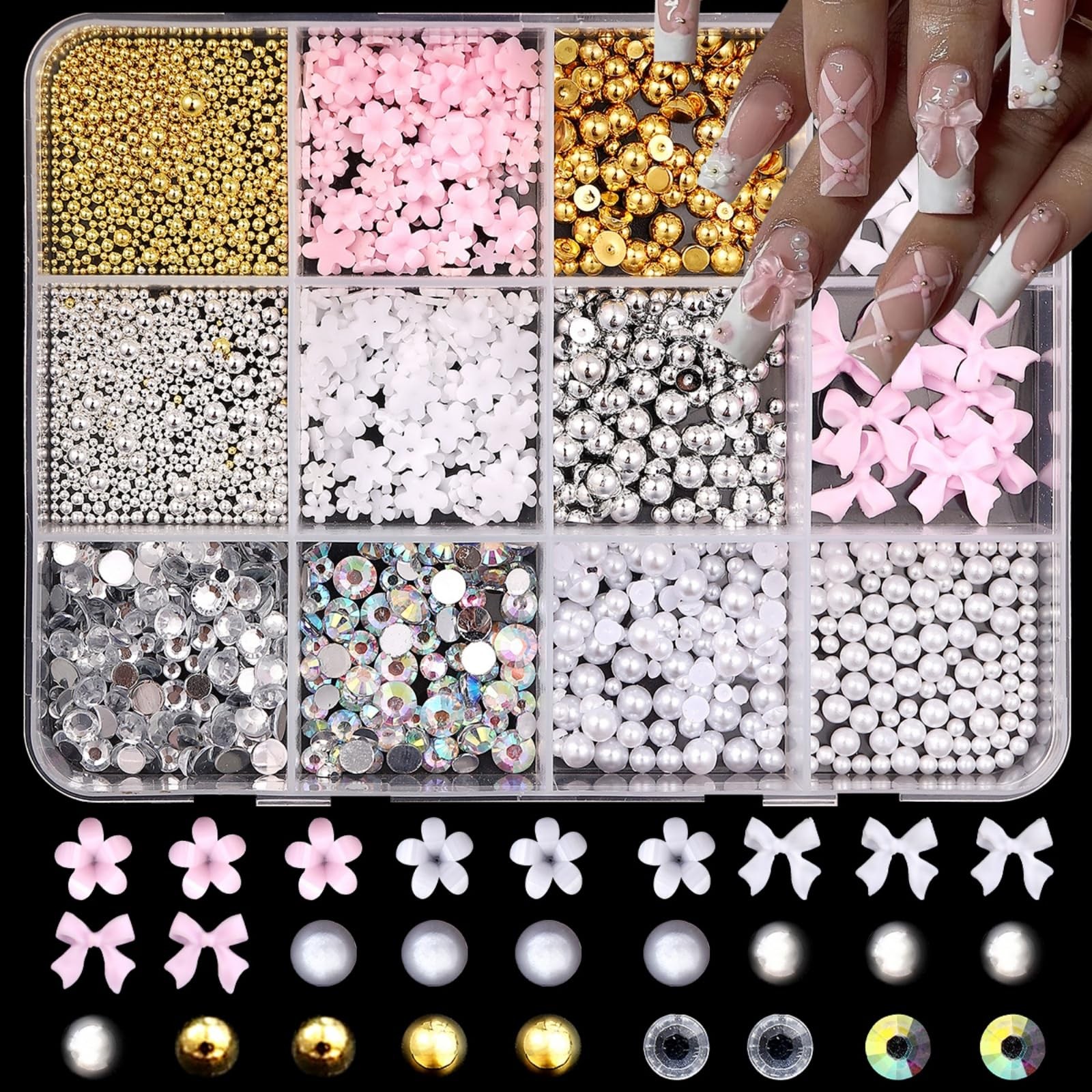 1 12 Styles Flower Petal Nail Charms 3D Resin Pink Bow Nail Gems Cute Silver …