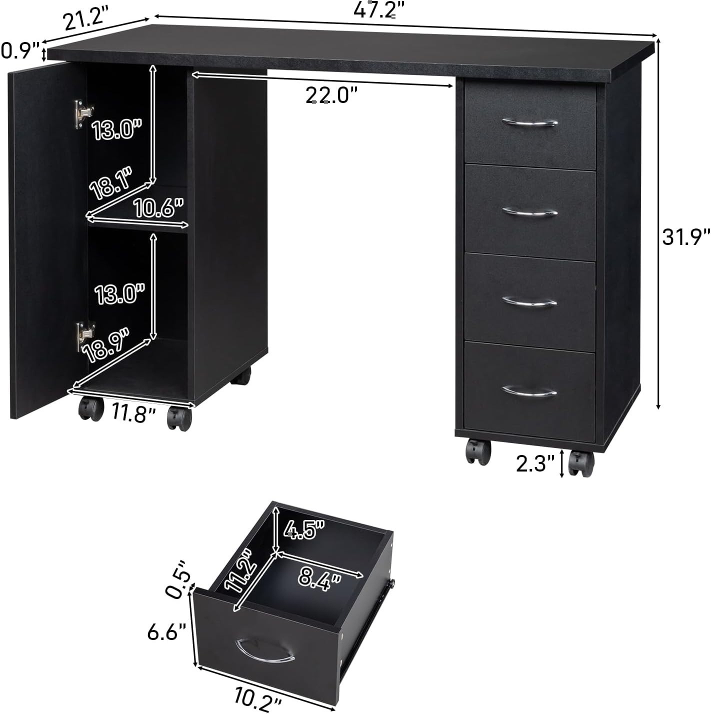 Nail Beauty Manicure Table with 4 Drawers, Lockable Wheels, 2 Shelves Storage…