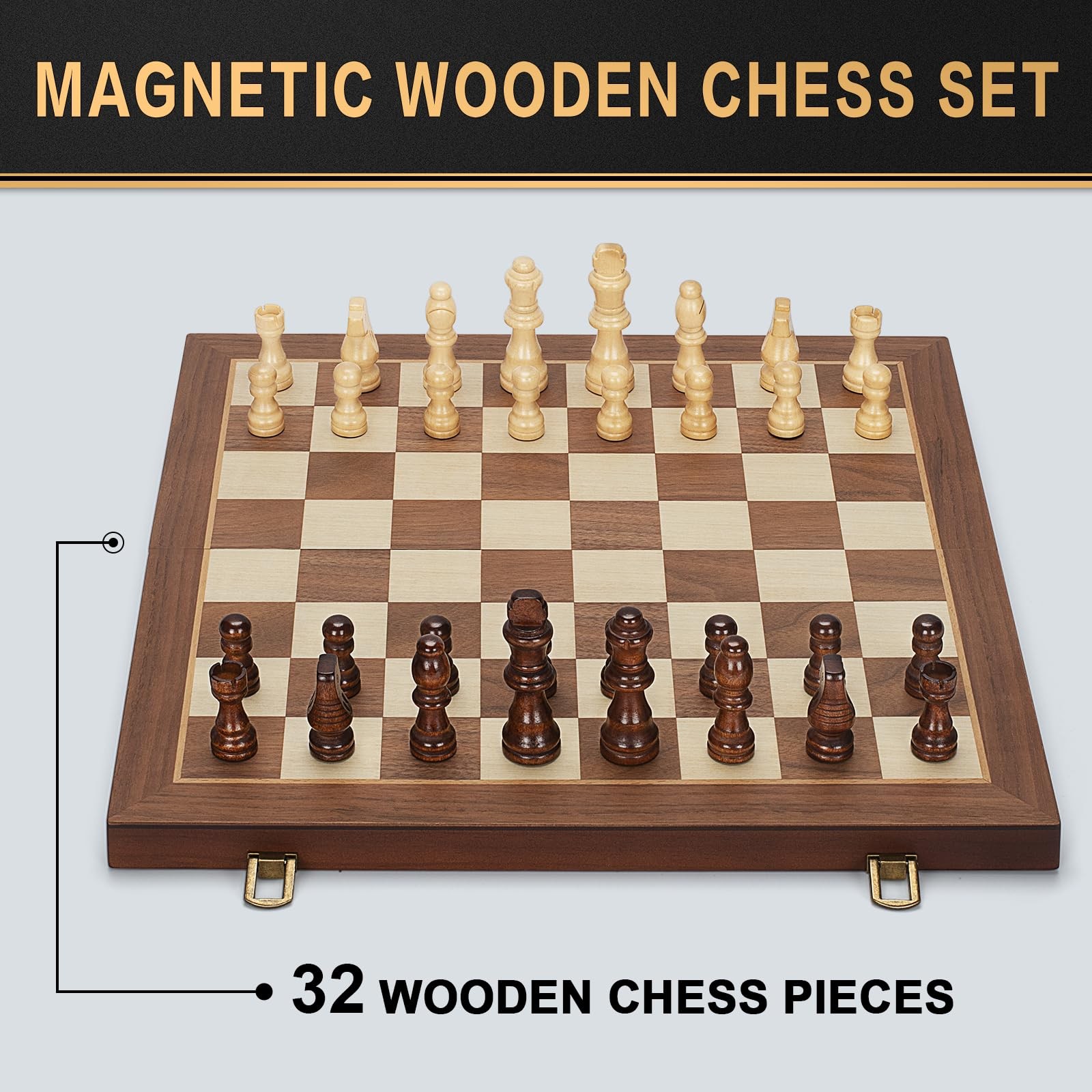 Magnetic Wooden Chess Set, 15″ Folding Board with 2 Extra 15 inches