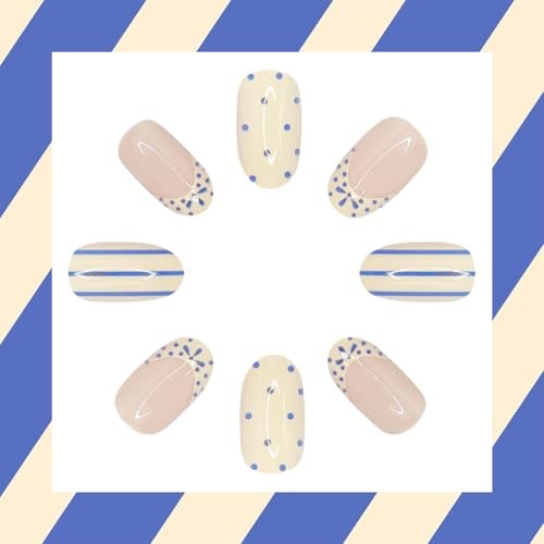 French Tip Press on Nails Short Almond Fake Nails with Blue Polka Dots Blue-21