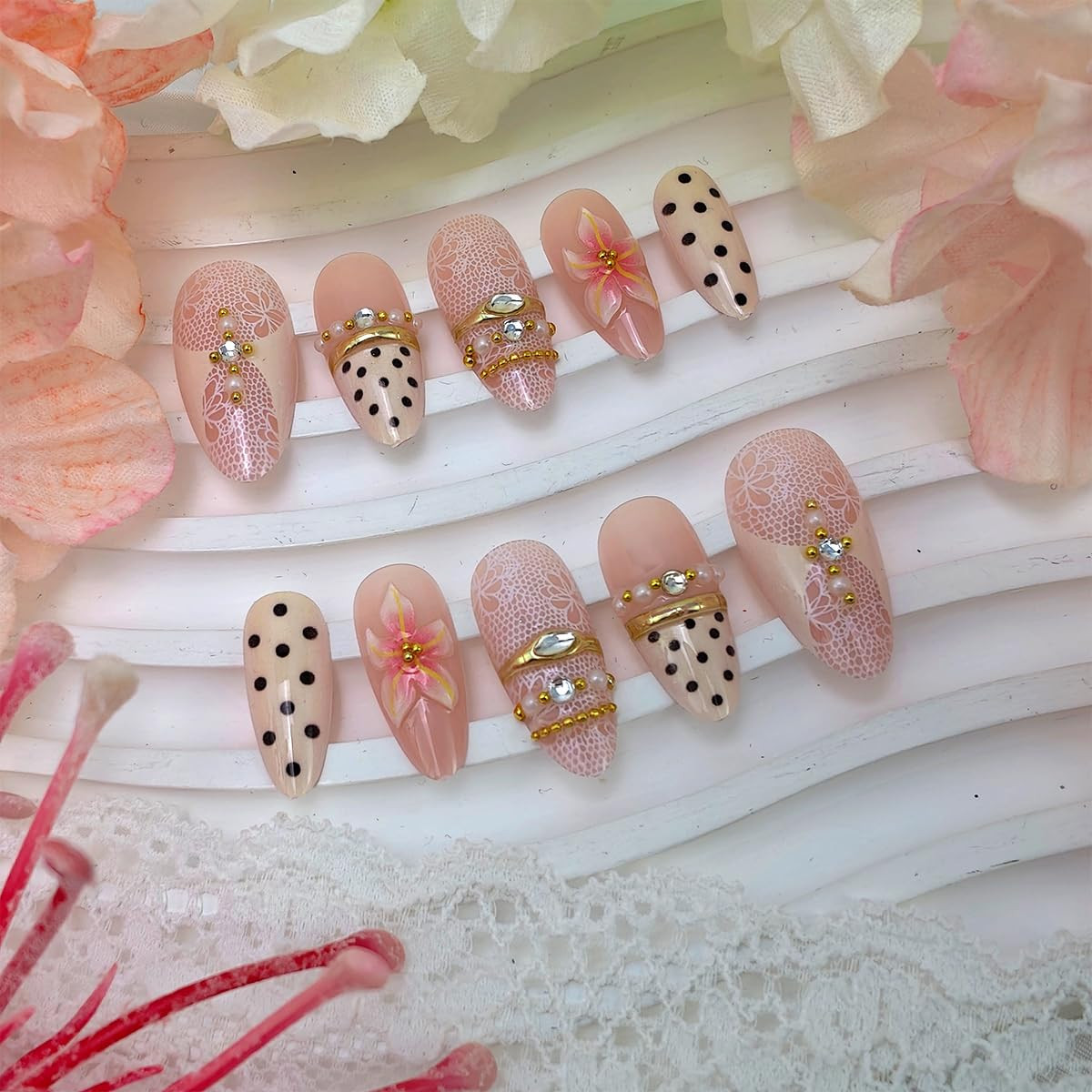 24Pcs Pink Flower Press on Nails Medium Almond Fake Nails 3D Pearl Gold Gems Rhi