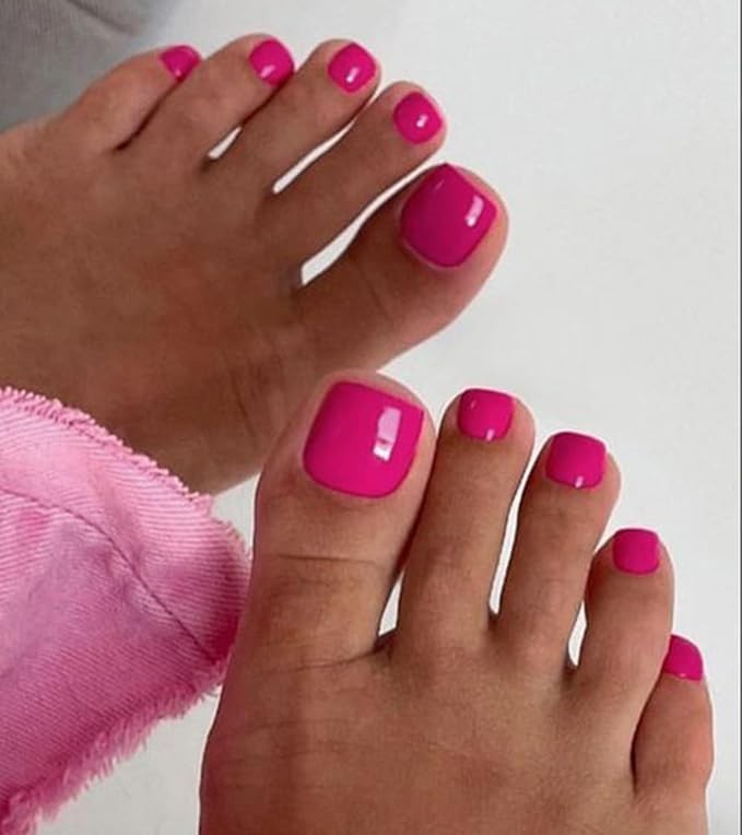 Morily Hot Pink Press on Toenails Short Square Fake Toenails Glossy Acrylic Toe