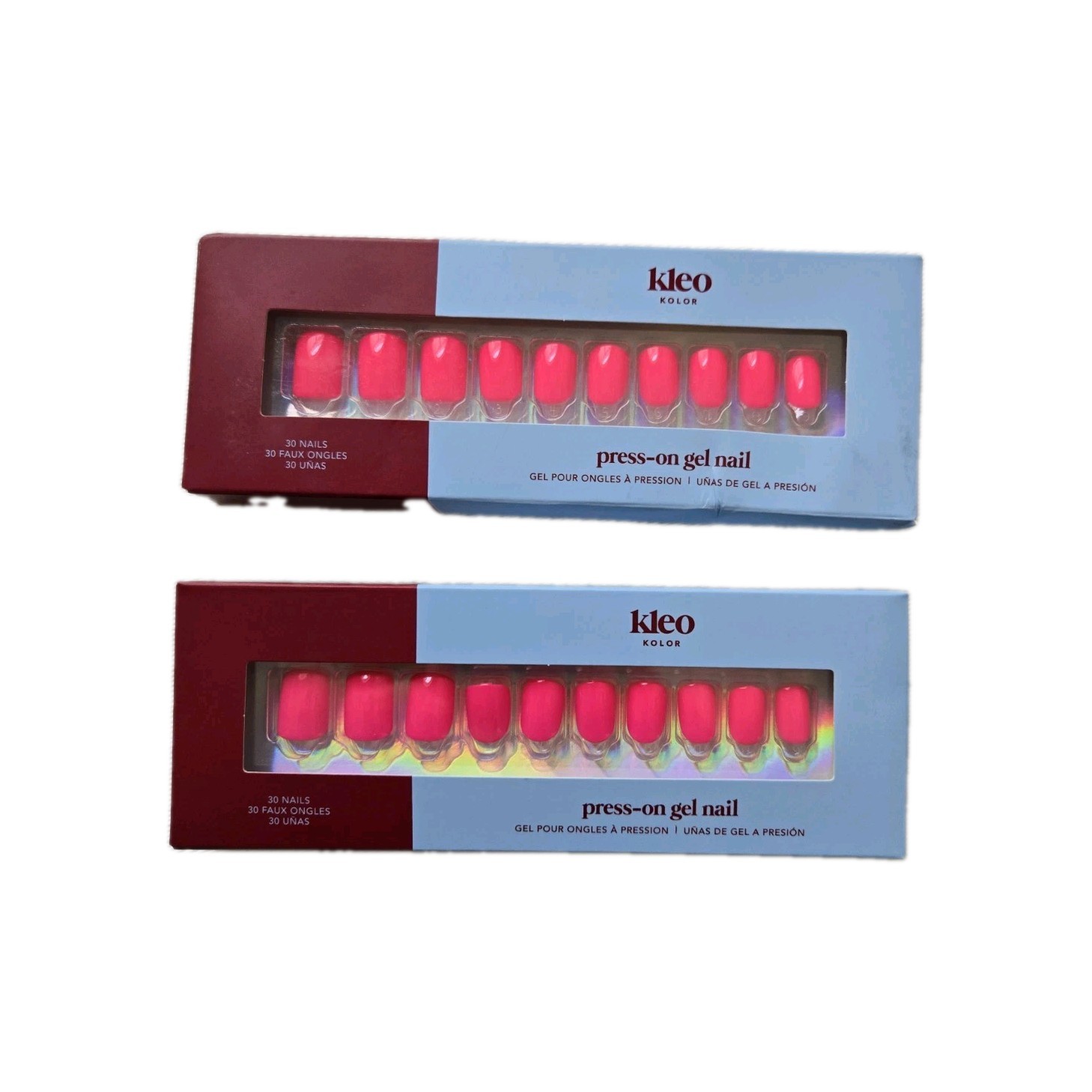 Kleo Kolor Press-On Gel Fake Finger Nails Square Full Cover Hot Pop Pink 2 sets