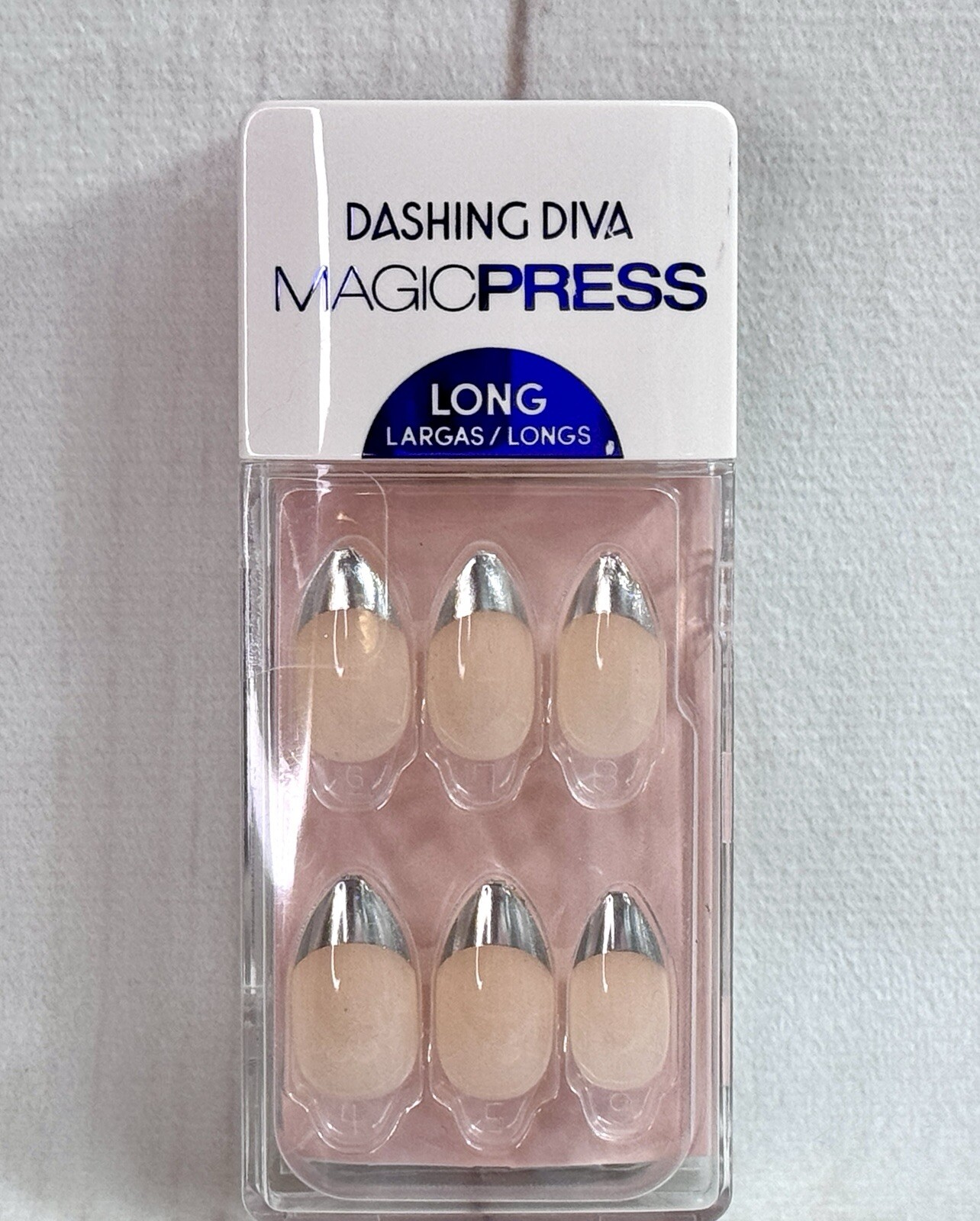 NIB Dashing Diva Magic Press On Nails Long Almond Silver Metallic French PO205