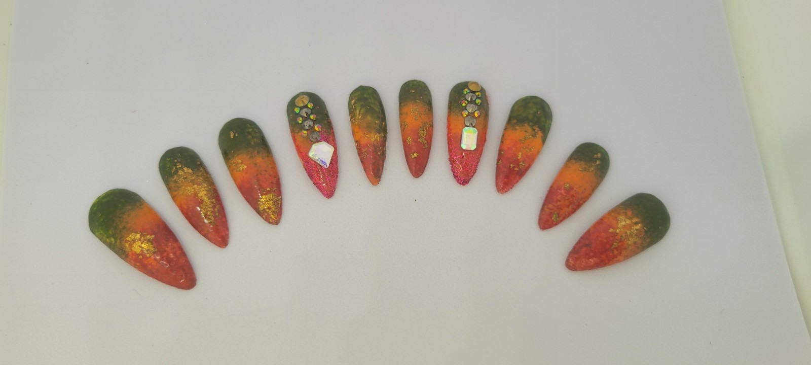 KFN ​Press On Nails| Rasta Ombre Almond Gel Glass Finish Gold Swarovski Design