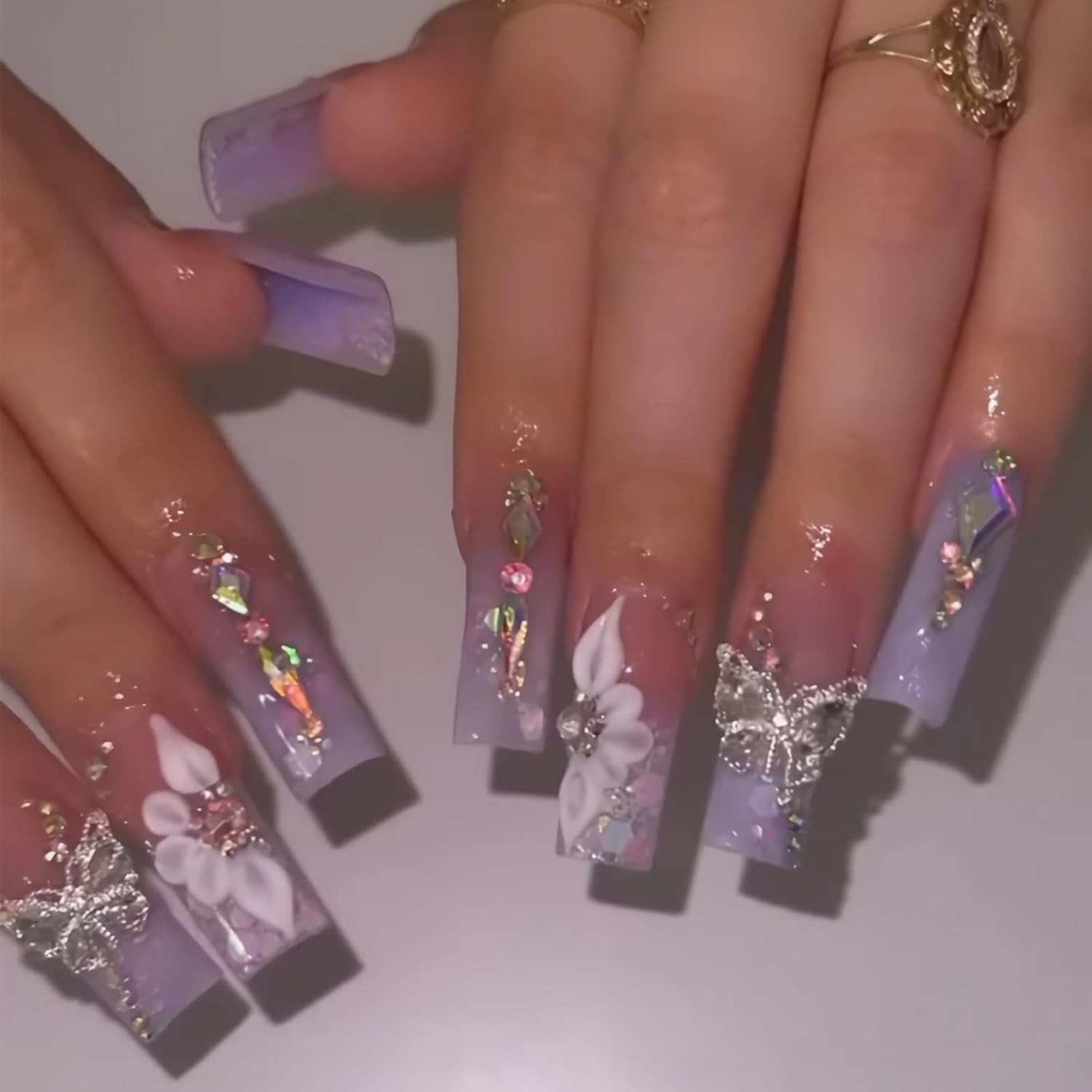 Uñas Postizas decoradas Acrílicas Falsas 24pack Colores French Butterfly