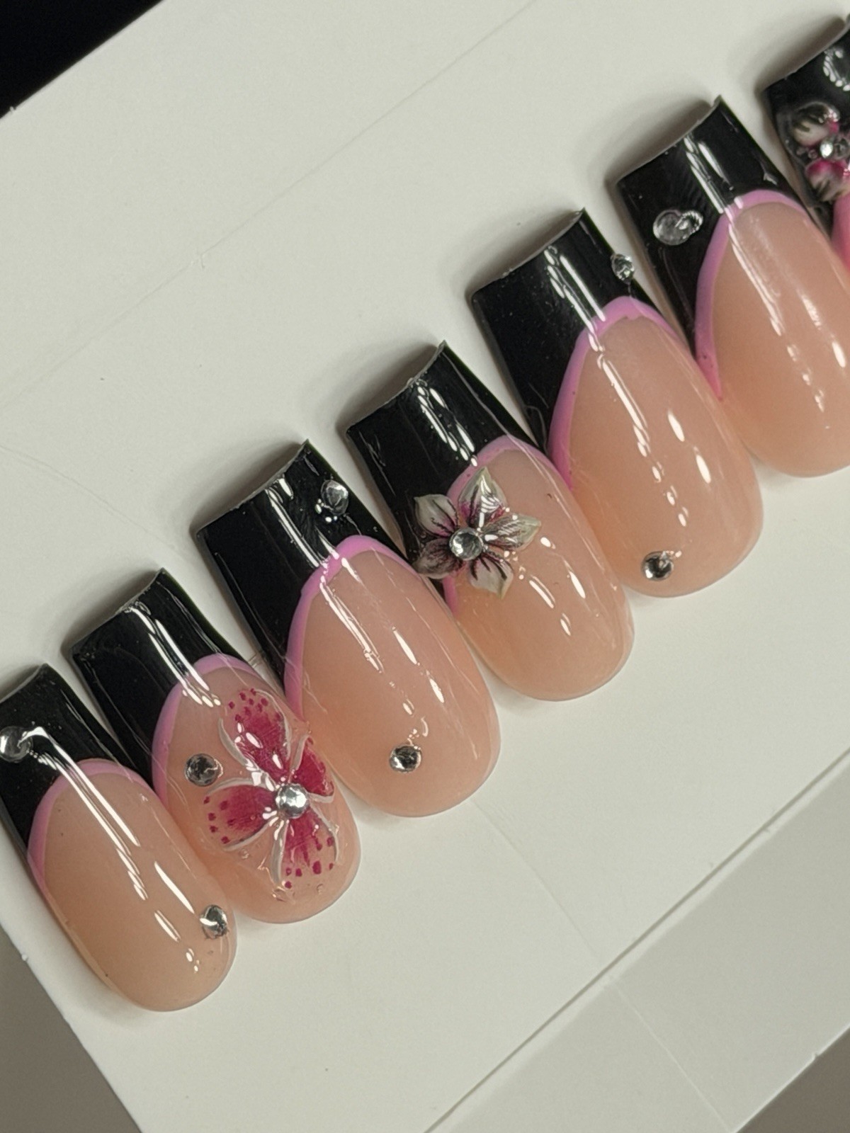 🌸 CUSTOM Press On Nails FRENCH BLACK Flower PINK 10p SET W Kit