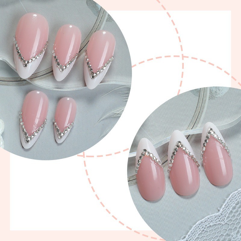 48pcs Elegant Rhinestone French Nails Almond Nude Pink with Sparkly V Design