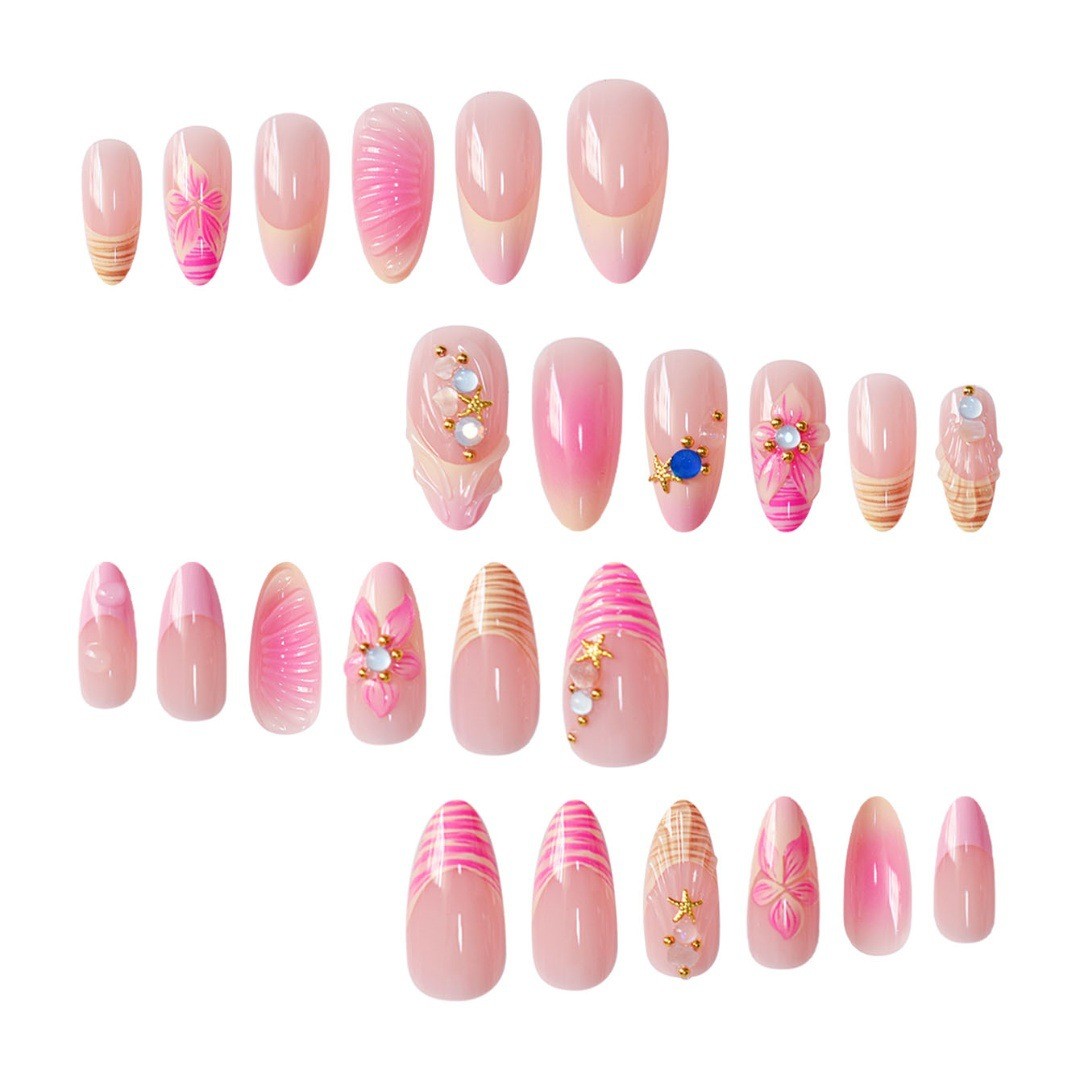 Pink Gradient Carved Shell Star INS Style Sweet Press On Nails Wholesale