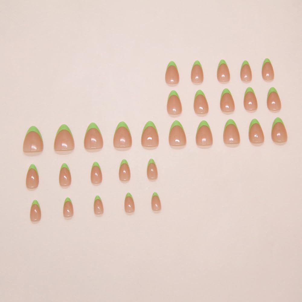 Green French Tip Press on Nails Short Almond Nude Fake Nails Press ons Artifi…