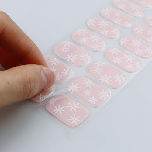 Gel Nail Stickers Cream Pink White Flower Semi Cured Gel Nail Strips Wraps