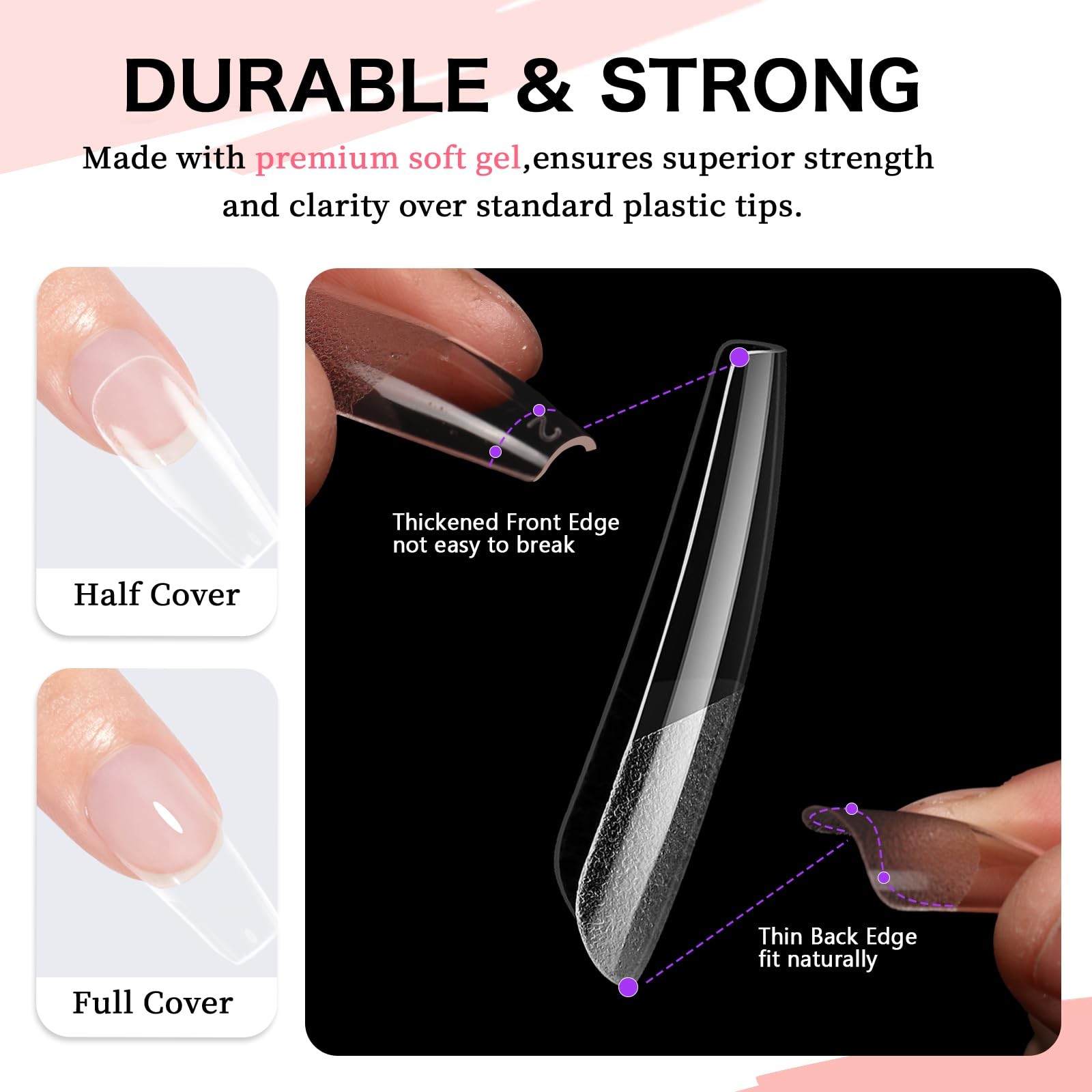 COLOURSMILE Long Coffin Full Cover Nail Tips – 216pcs Pre-Shaped Gelly Press …
