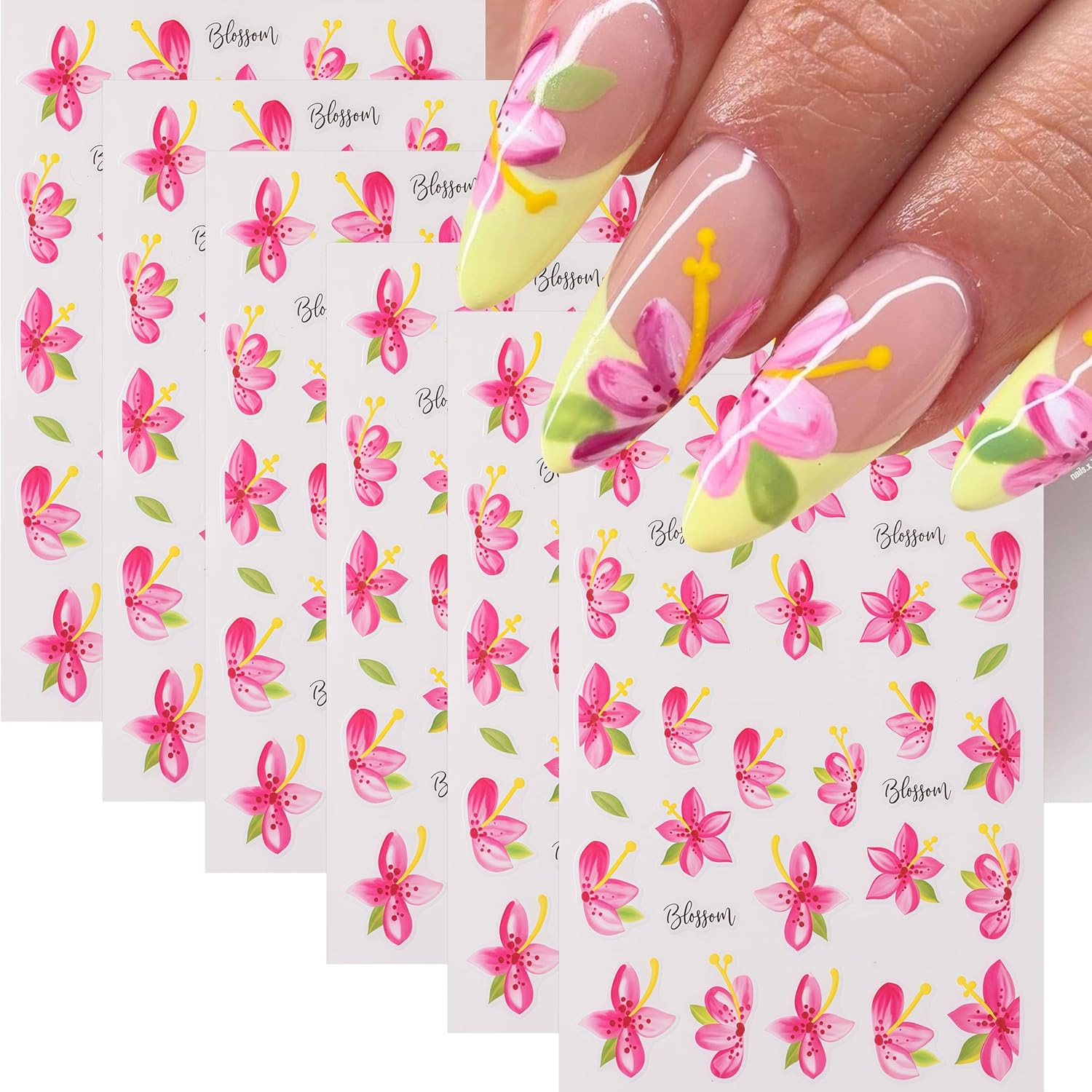 6 Sheets Flower Nail Art Stickers 3D Self-Adhesive Colorful Hawaiian Flowers Nai
