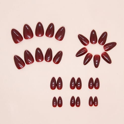 24Pcs Wine Red Press On Nails Short Oval,CEWEWP Thick Acrylic Nails Press A27