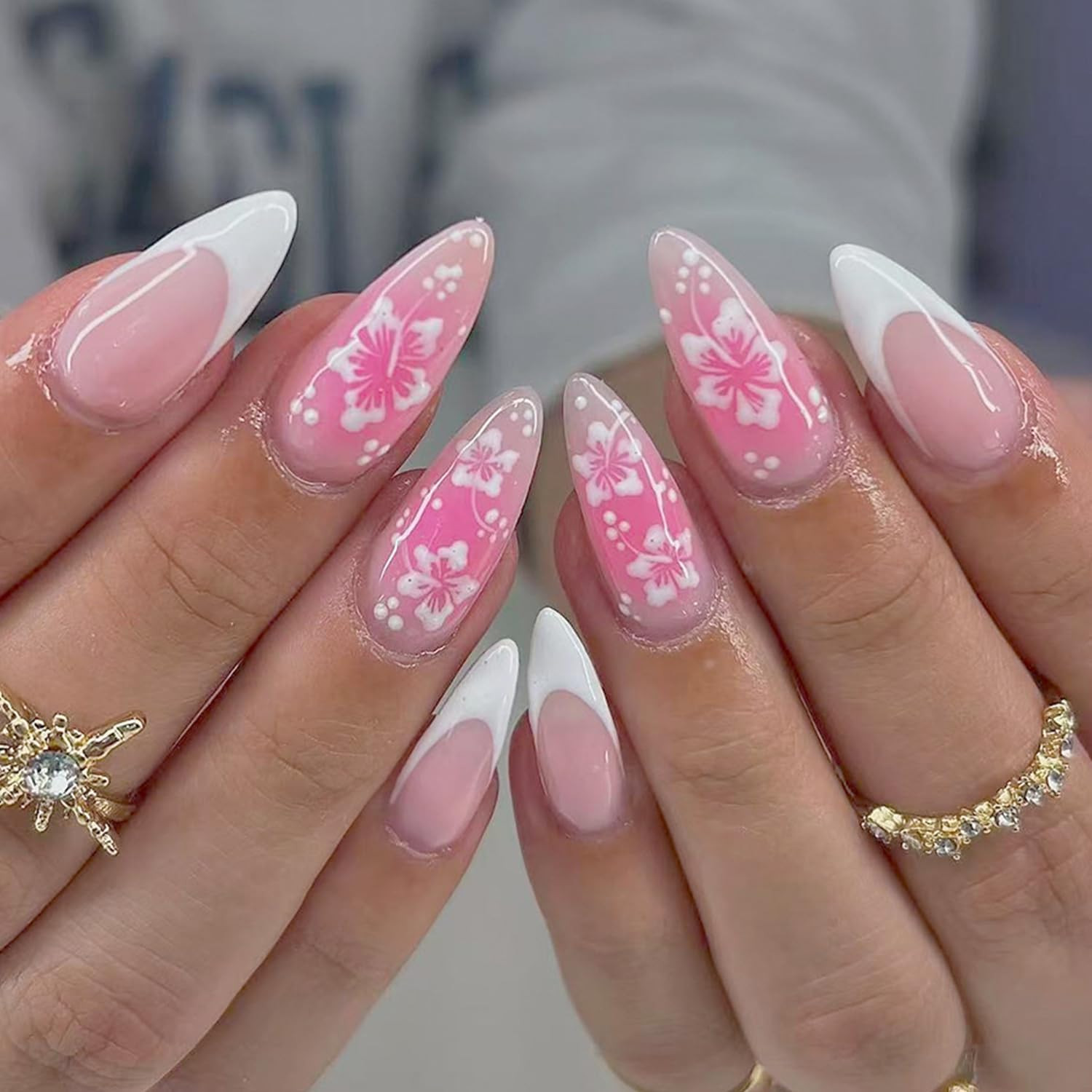 30Pcs Spring Summer Press on Nails Medium Almond Fake Nails with 3D Flower Leaf
