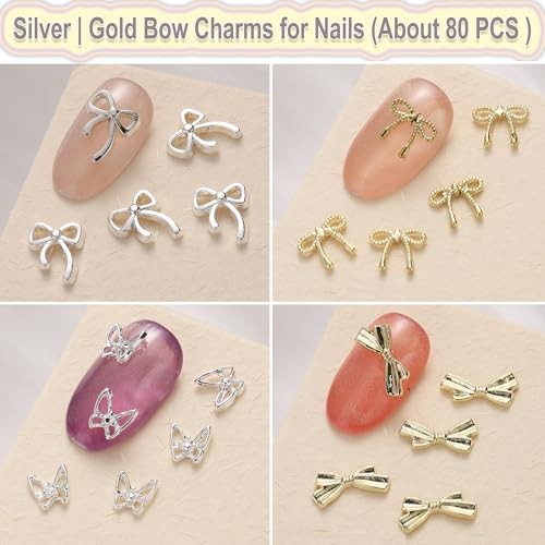 80Pcs 3D Metal Bow Nail Charms, 3D Bowknot for Nails, Cute Silver & Gold Alloy