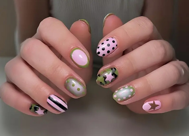 24 Pieces Press-On Nails Medium Oval Pink Black Green Dots Stripes, Camo, Stars