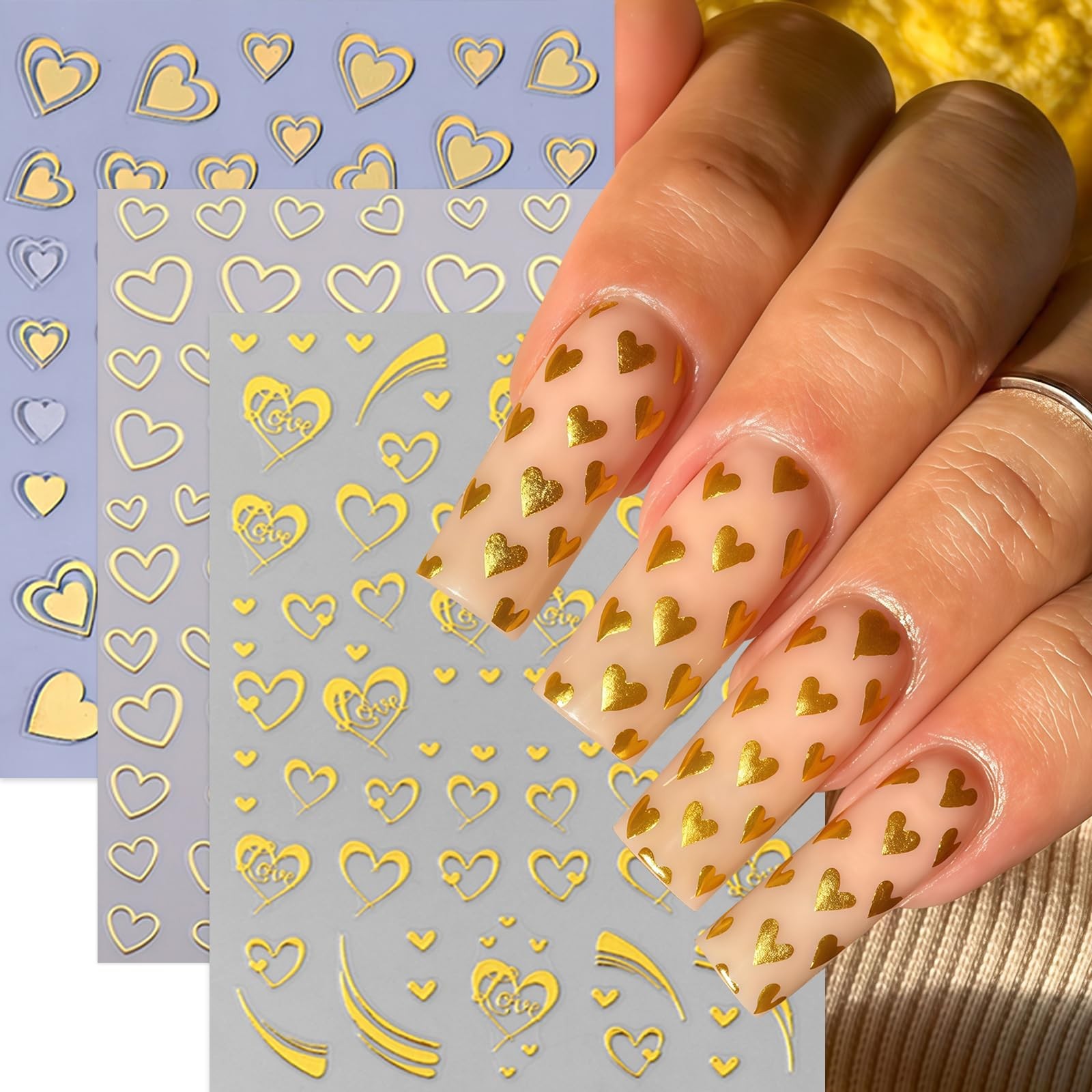 8Sheets Valentines Day Heart Nail Art Stickers Metallic Heart Nail Decals Min…