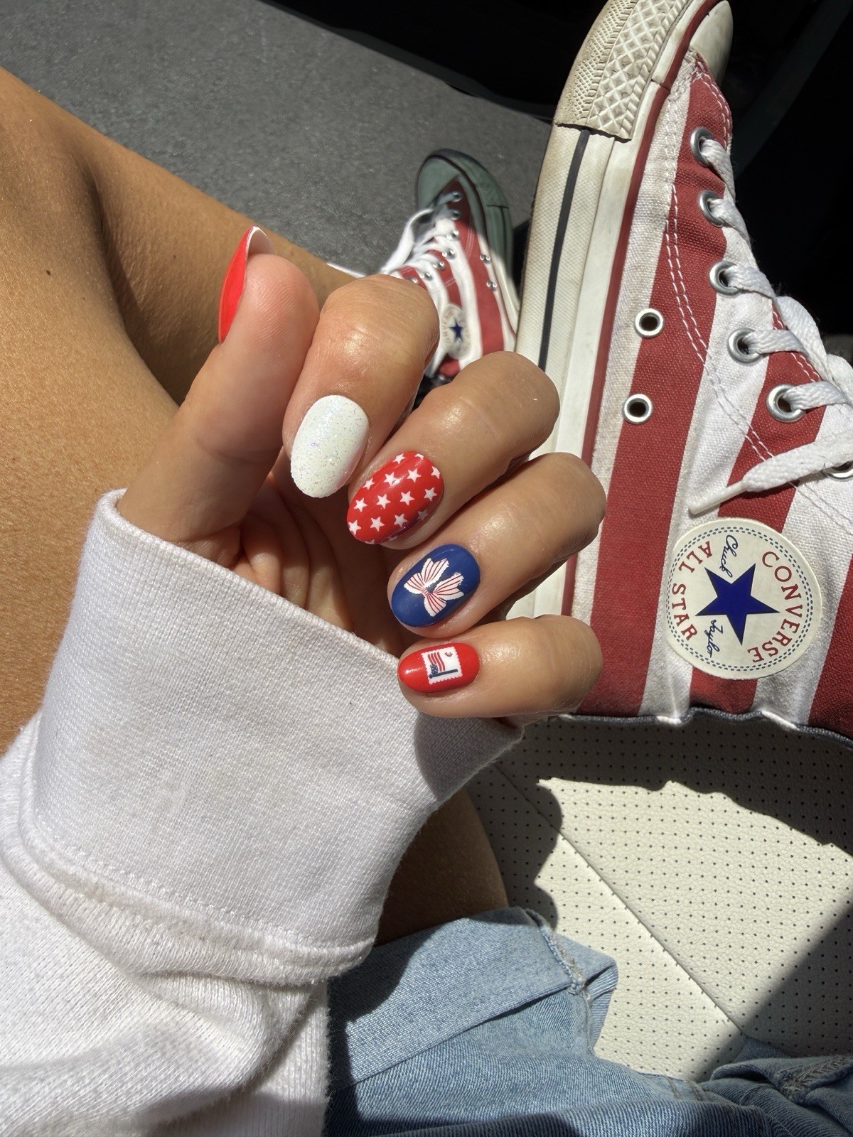Red Aspen Press On Nails~ Silas Short Almond, Design, Glitter NWT July 4th