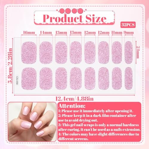 Semi Cured Gel Nail Strips 32 pcs UV Gel Nails Sticker Glitter Pink Cat Eyes