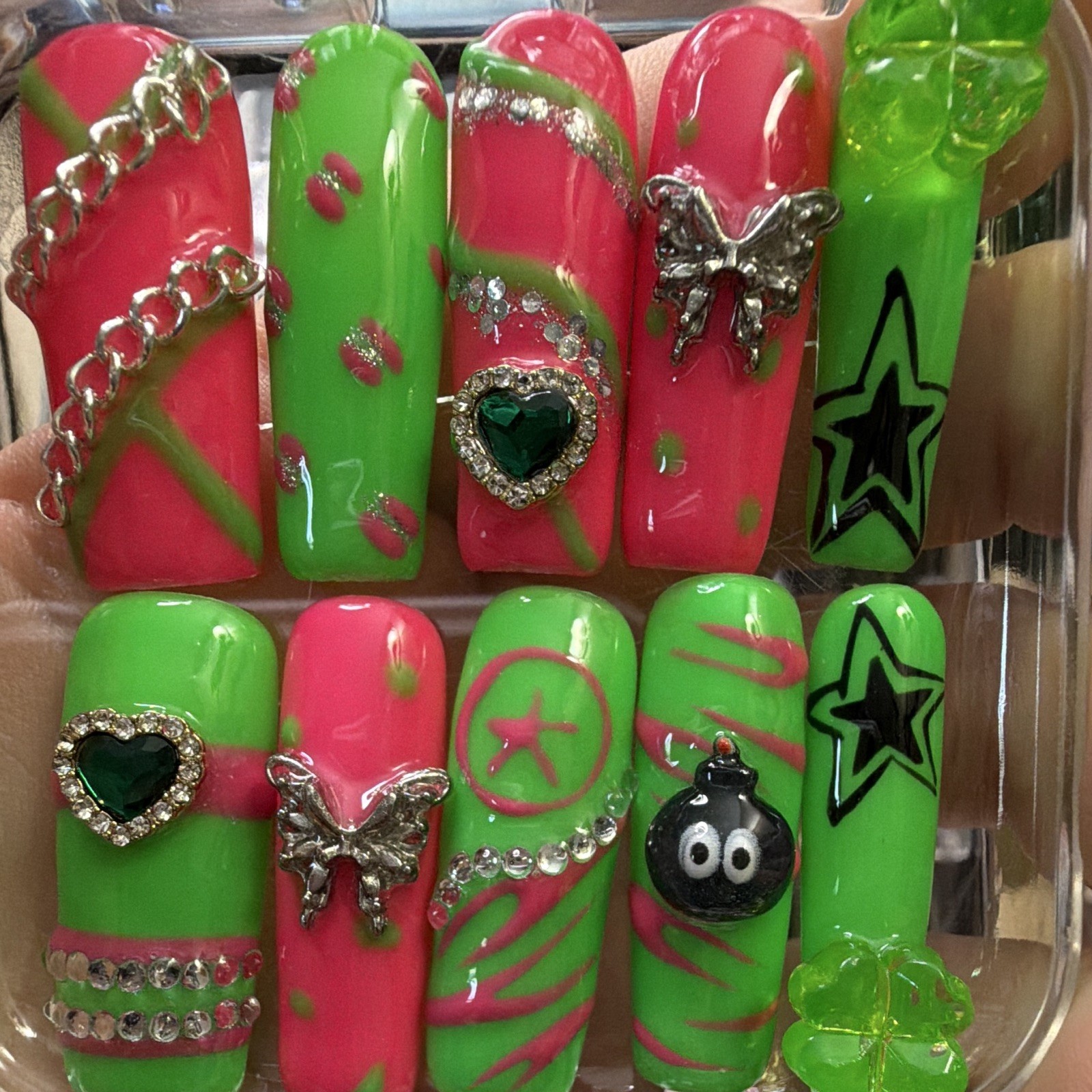 3D Glitter Coffin Press-On Nails Long Full Cover Green Pink Shiny Star