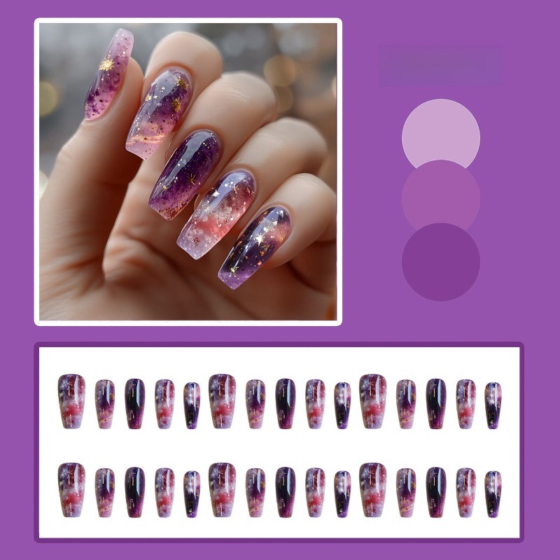 48pcs Galaxy Press on Nails Long Coffin with Purple Gradient Star Accents Nails