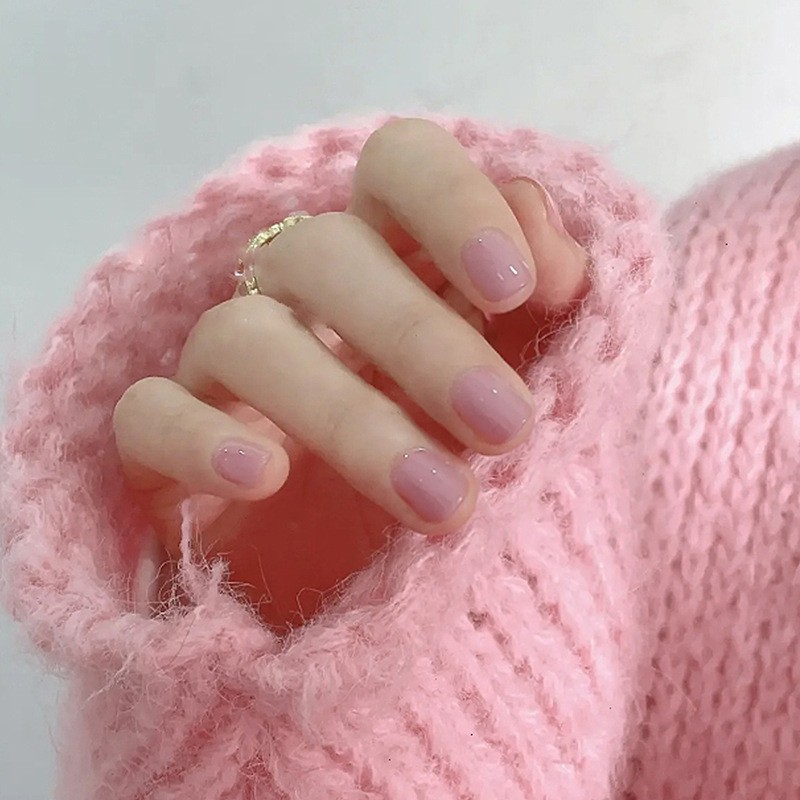 48pcs Short Almond Press on Nails, Pale Pink Nude Clear Gloss Simple Daily Nails