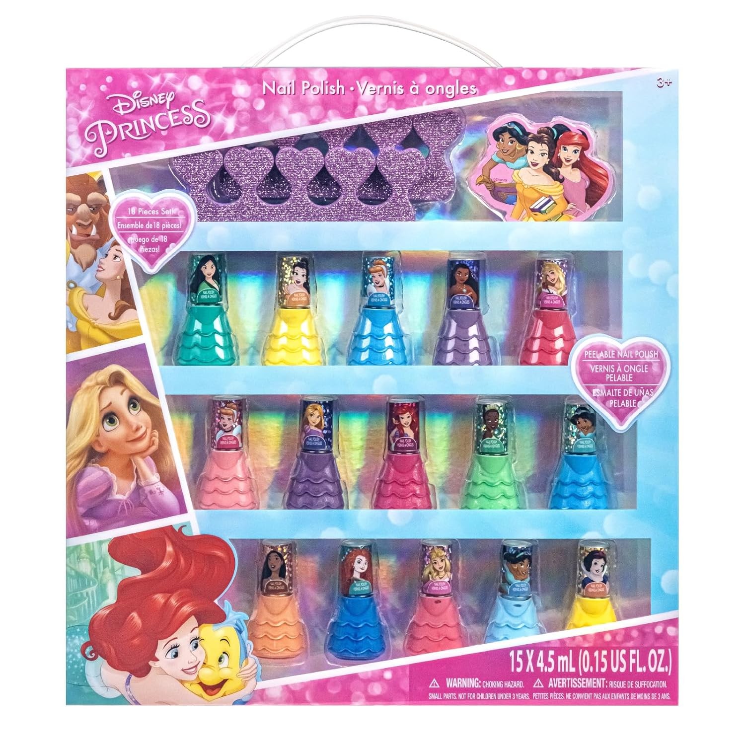 Disney Princess 15 Piece Water-Based Nail Polish with 3 Toe Multicolor
