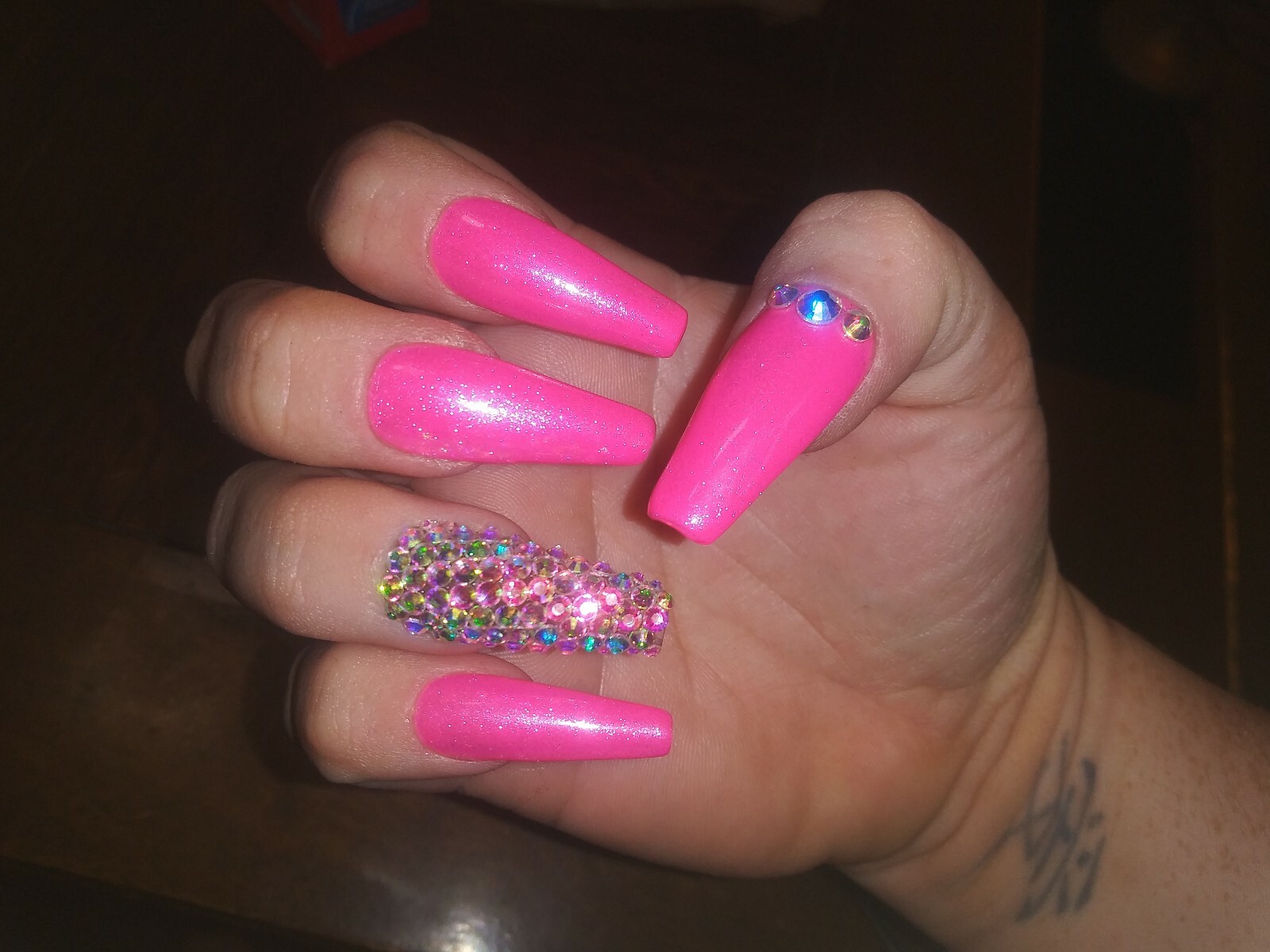Neon pink Bling Nails-diamond- Gel Full Set ballerina press on nails Any Shape