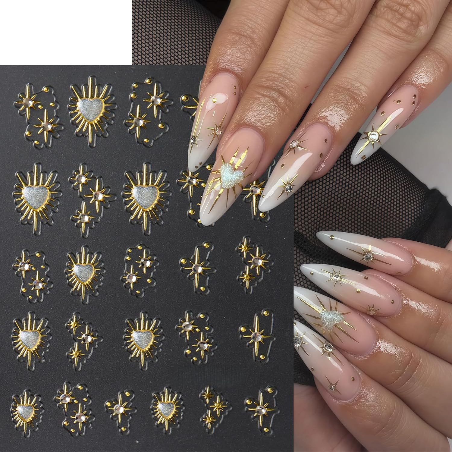 3 Sheets Star Nail Stickers for Nail Art 5D Embossed Gold Nail Decals with Heart