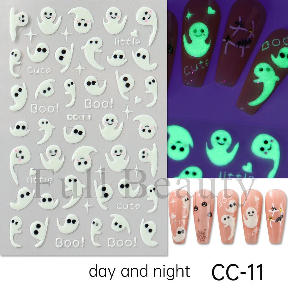 4Pcs Glow in The Dark Halloween Glitter Nail Decals Ghost Spider Web Skull NH30