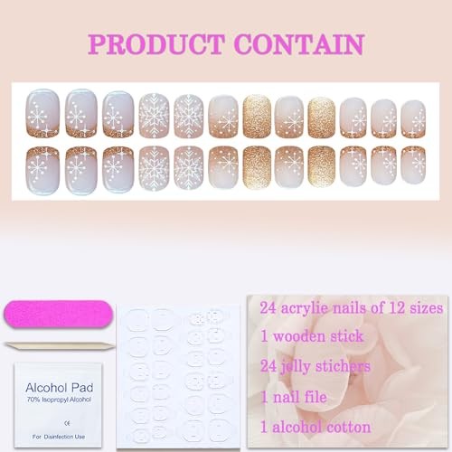 Short Square Press on Nails Winter Snowflake Acrylic Nails Glitter Gold Style 4