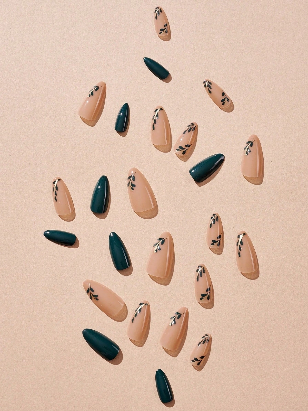 24pcs Long Almond Dark Green Leaves Pattern Fake Nail Press On Nails False Nails