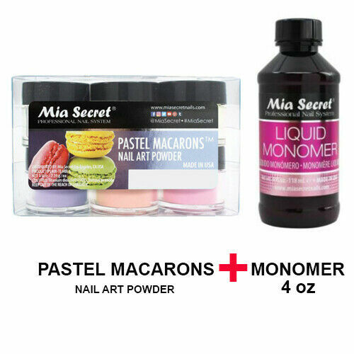 New Mia Secret Monomer 4 Ounce + PASTEL MACARONS Nail Art Powder 6 Colors Set