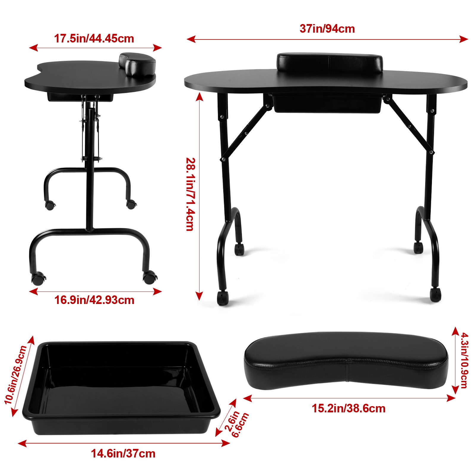 Black Portable Manicure Table Folding Nail Desk Beauty Salon Spa w/Wheels & Bag