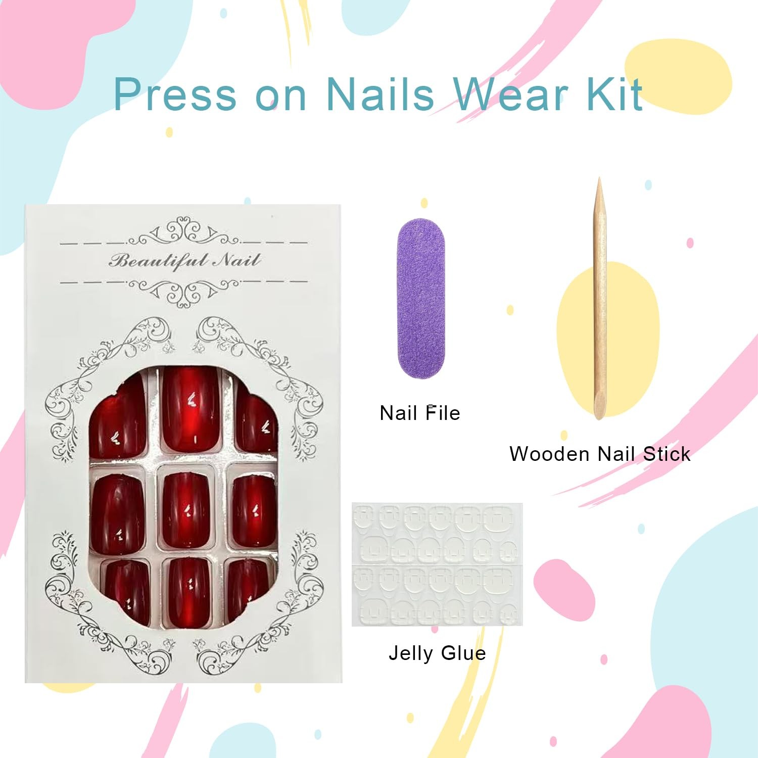 Wine Red Press on Nails Short Square Fake Nails with Glitter Designs Red Full…