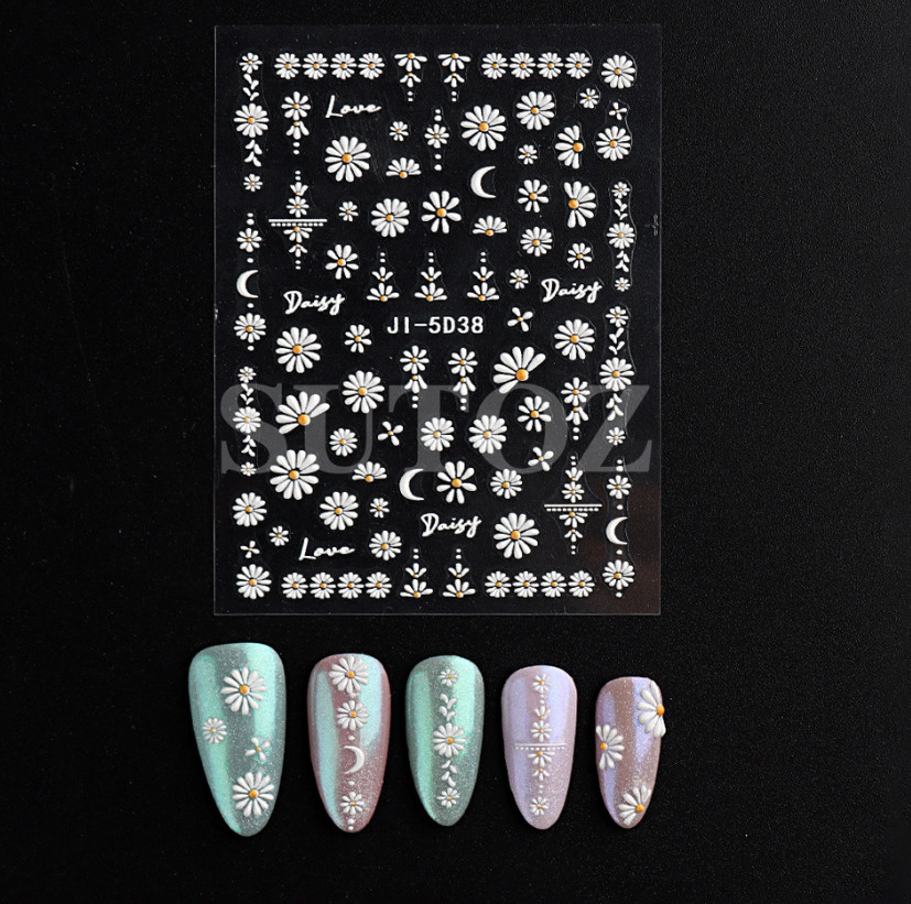 5D Embossed Whit Yellow Daisy Flower Cherry Love Nail Stickers Manicure DIY NS54