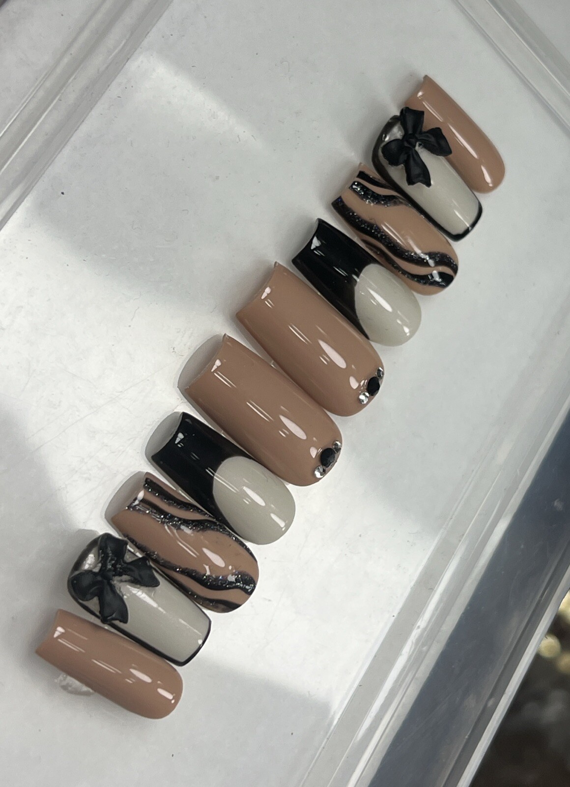 🤍🖤 CUSTOM Press On Nails FRENCH BLACK NUDE BLING 10p SET W Kit