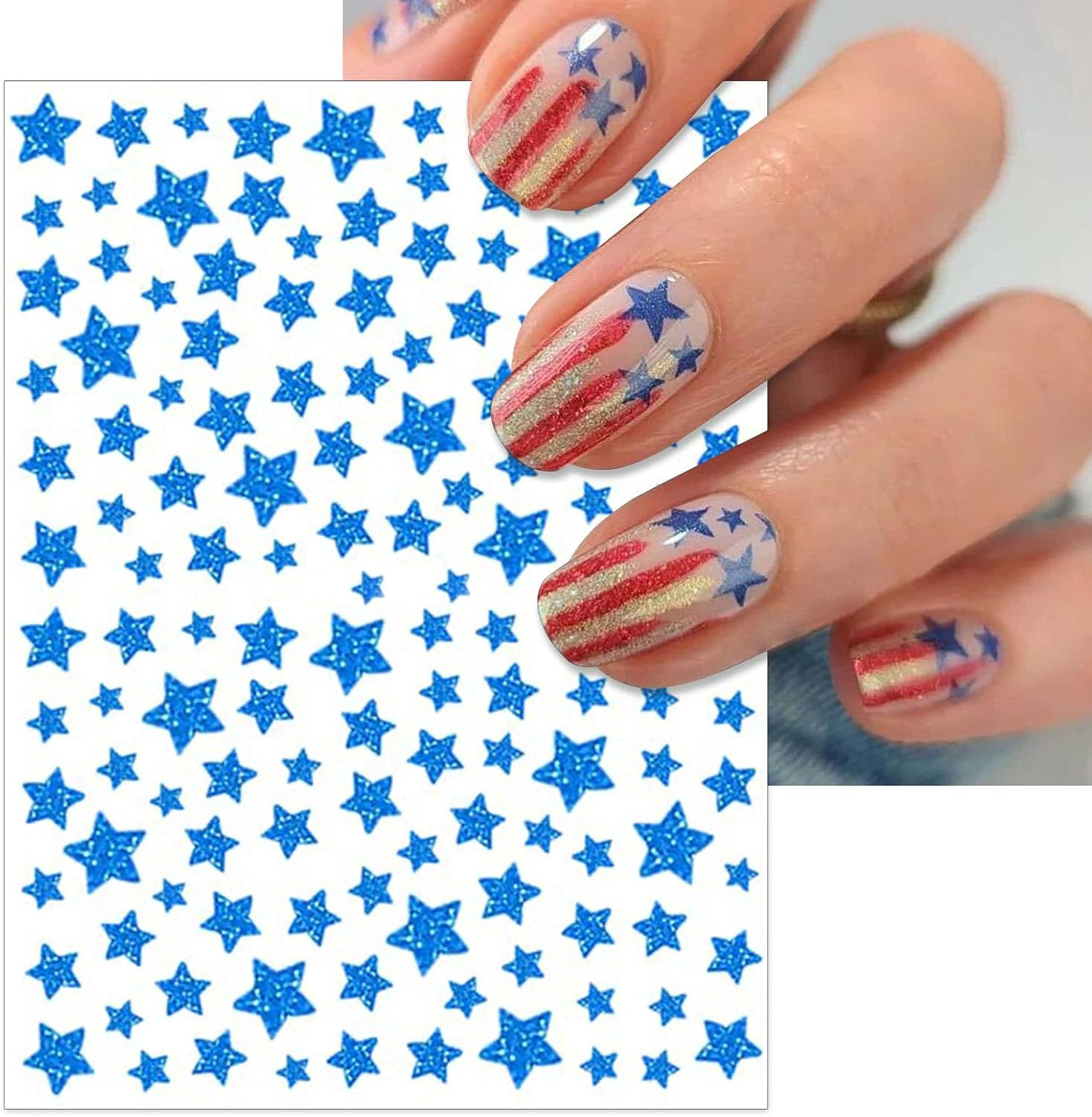 IDDFEVE 4Th of July Nail Stickers, Glitter Red Blue White Star for Independence
