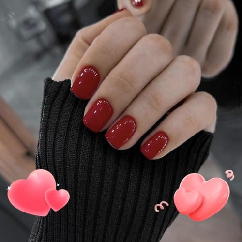 48Pcs Wine Red Press on Nails Short Square Fake Nails, square glossy wine red