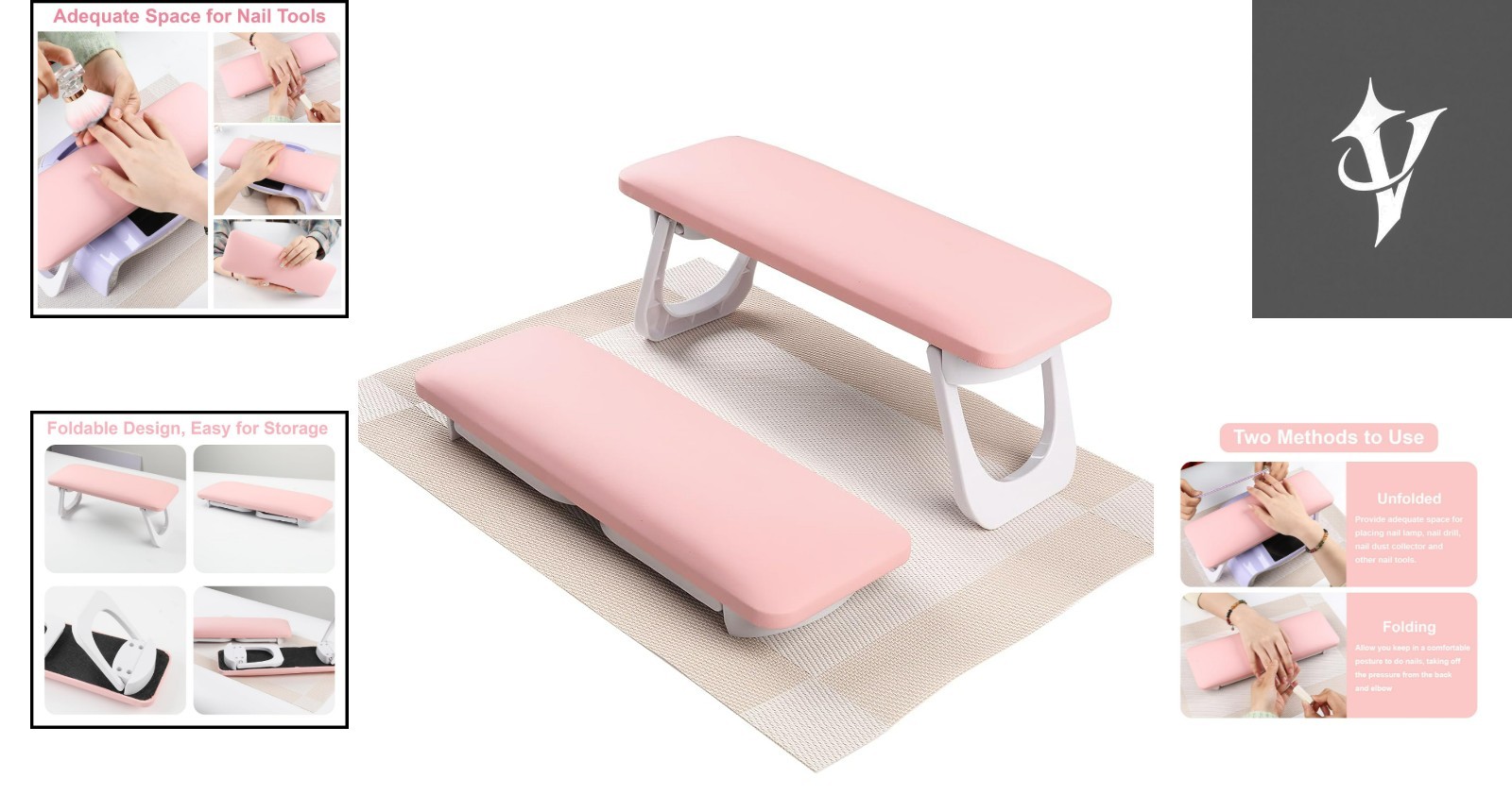 Pink Foldable Nail Arm Rest with Microfiber Cushion & Space-Saving Table Mat