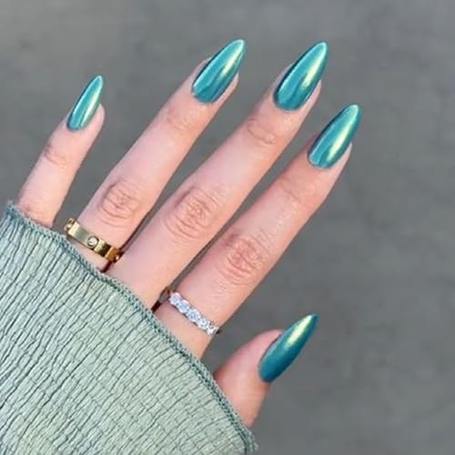 Teal Blue Chrome Press on Nails Almond Medium Acrylic Nails Press 39-Teal Blue