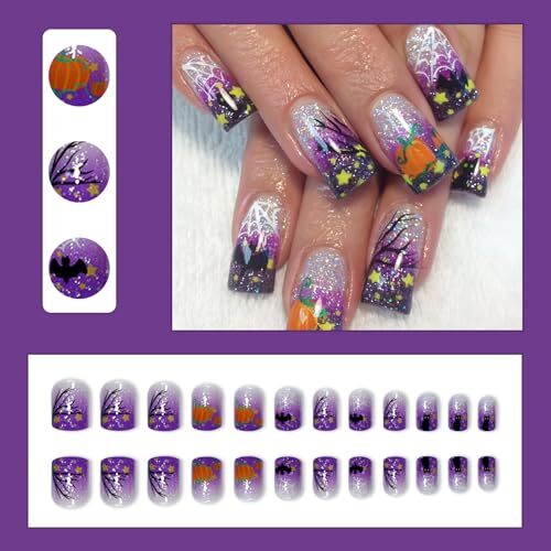 24Pcs Halloween Nails Cute Cat Bat Pumpkin Press on Nails Short halloween tree