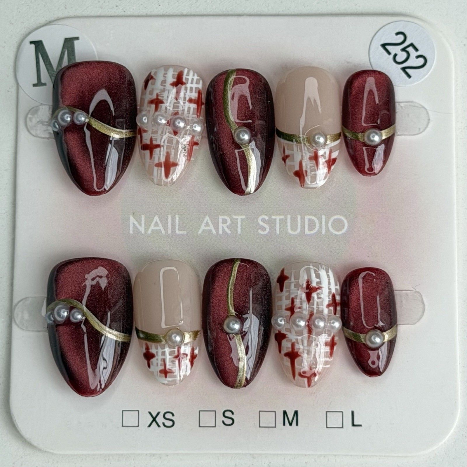 Handmade Red Brown Press-On Nails With Pearls Glossy Short Almond SizeM Reusable