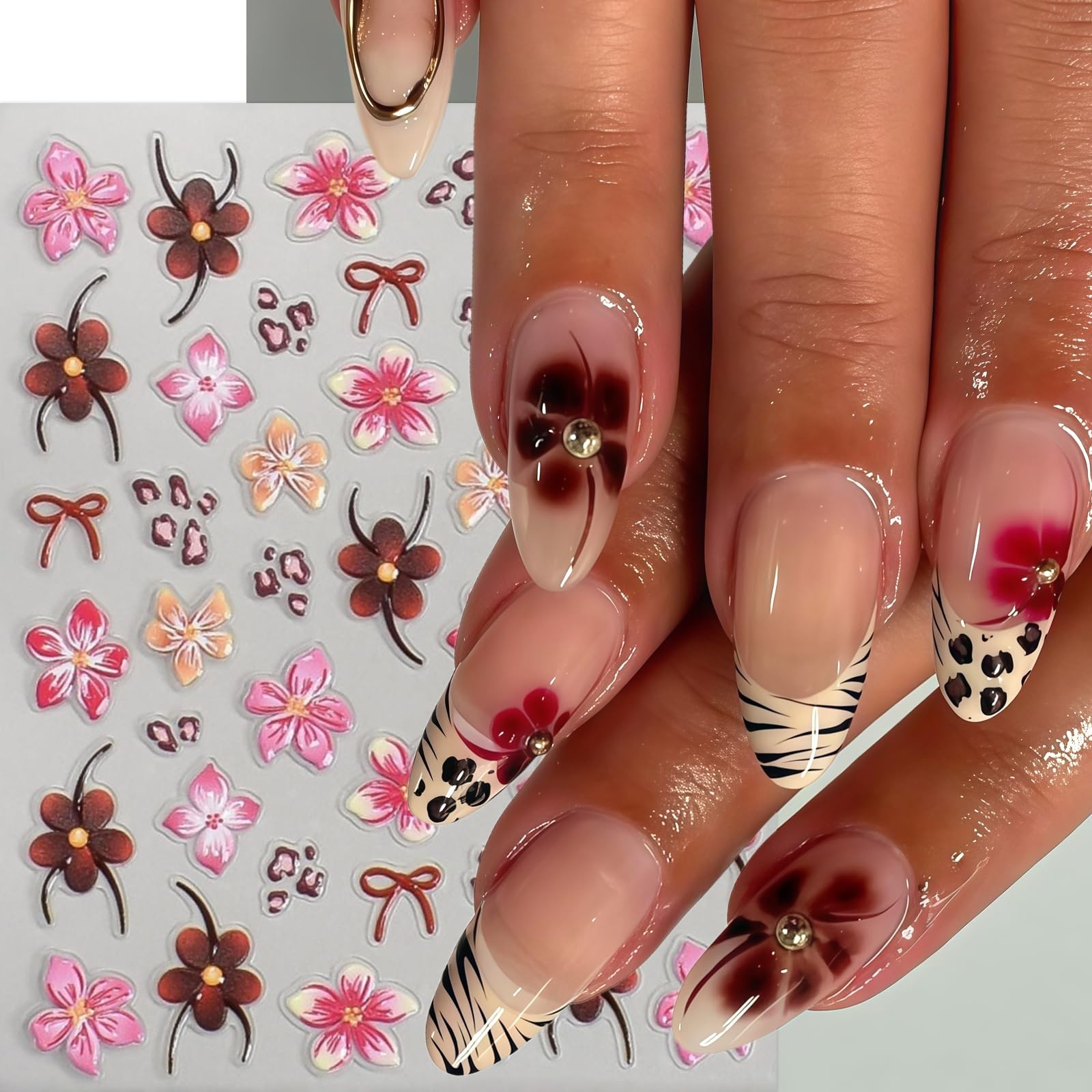 6 Pcs Fall Winter Flower Nail Art Stickers Decals Leopard Print French Flower…