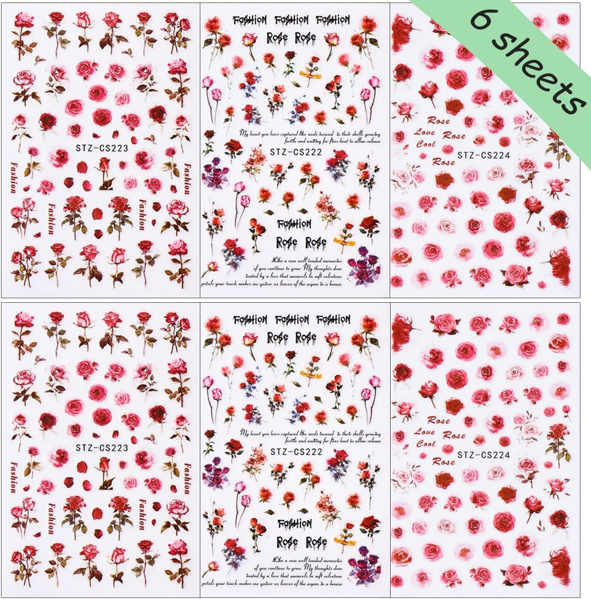 6 Sheets Flower Nail Art Stickers 3D Self-Adhesive Spring Rose Nail Decals Charm