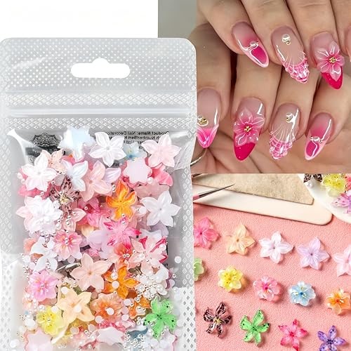 120Pcs Nails Charms 3D Colorful Flowers Nail Rhinestones Hibiscus Summer Flower